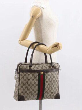 GUCCI GG Supreme Web Sherry Line Hand Bag PVC Beige Gold 010 378 Auth ki6310